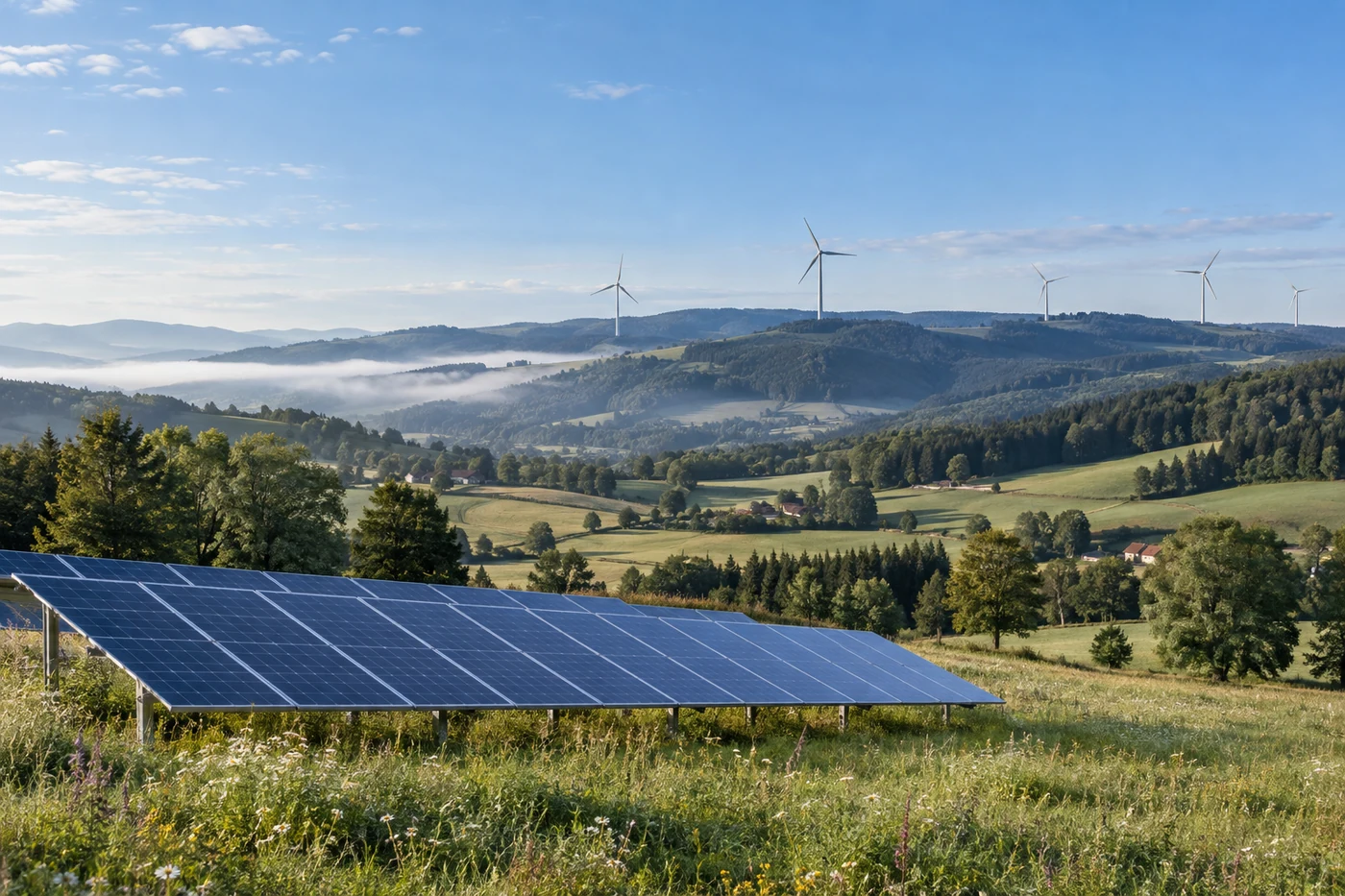 Solarmodule im Vordergrund und Windräder auf einer entfernten Hügelkette.