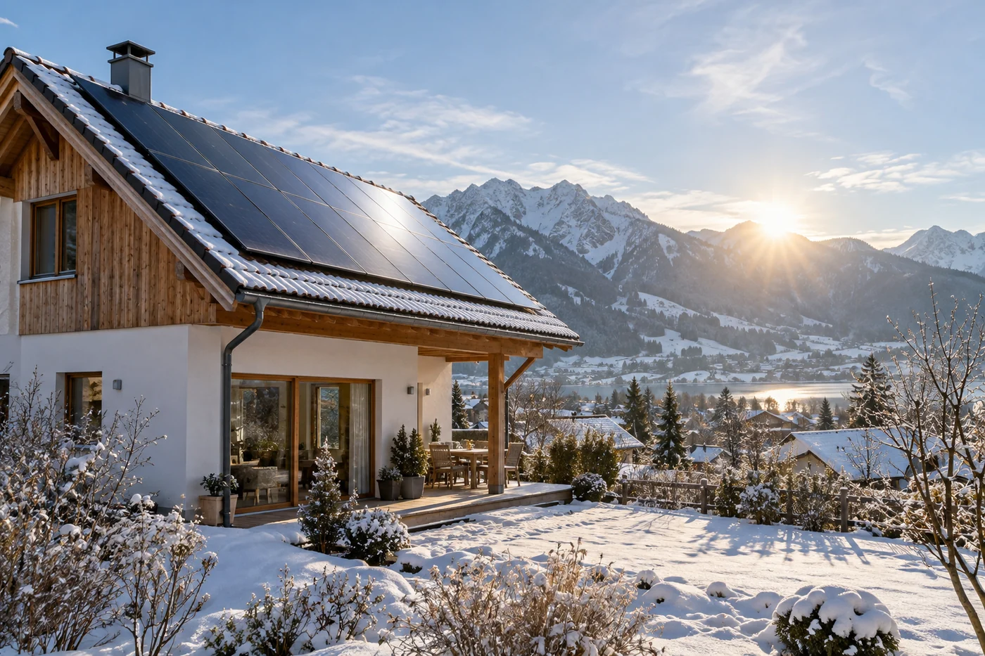 Photovoltaikdach bei tief stehender Wintersonne in Österreich