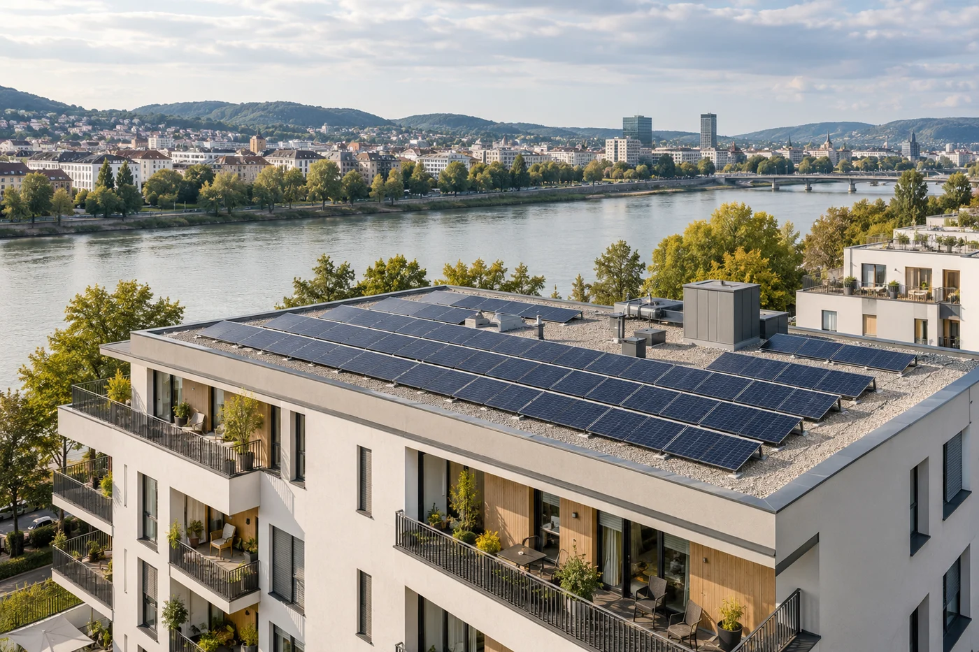 Modernes Wohnhaus mit Photovoltaik auf einem Flachdach und städtischer Flusslandschaft im Hintergrund