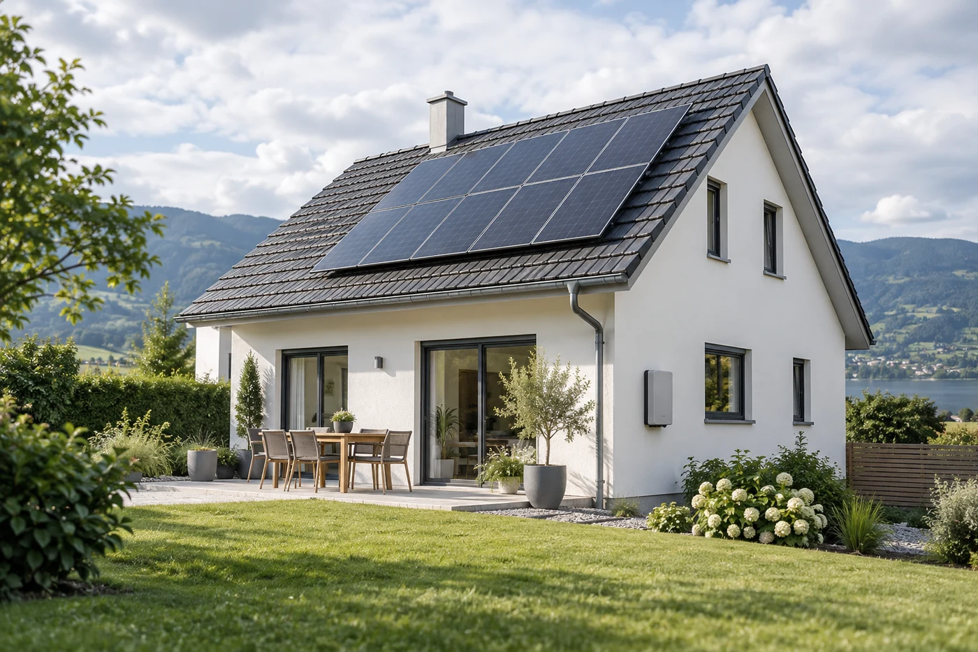 Weißes Haus mit Photovoltaikmodulen auf dem Dach und einem geschlossenen Gerät an der Wand.