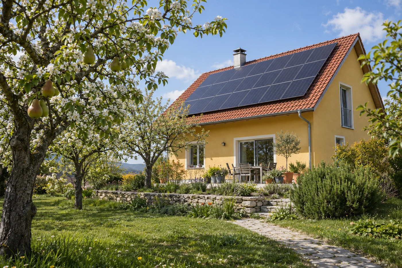 Solarmodule auf einem Ziegeldach hinter einem Garten mit Obstbäumen.
