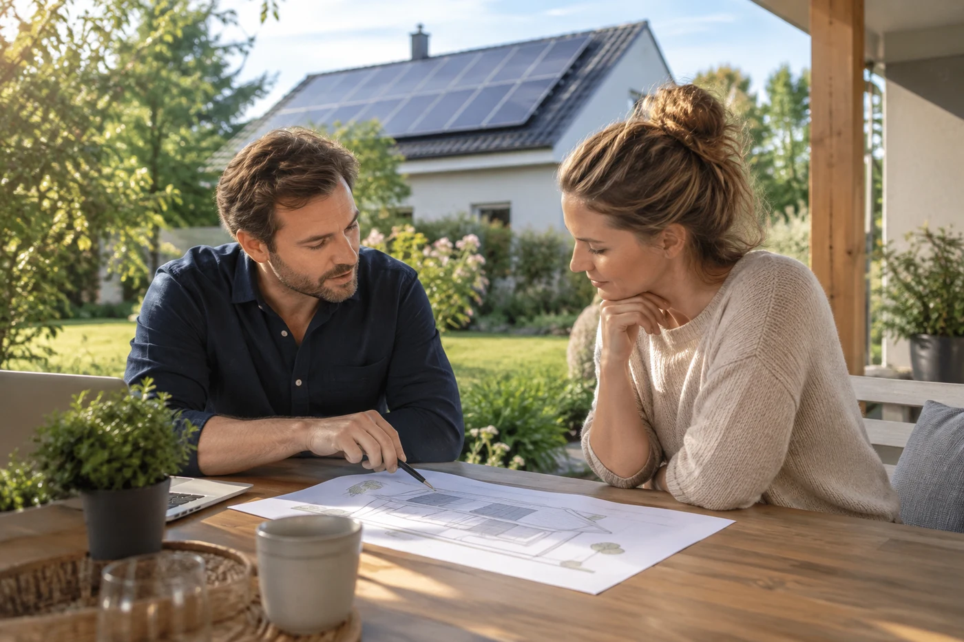 Person zeigt einer zweiten Person eine Dachskizze auf einer Terrasse