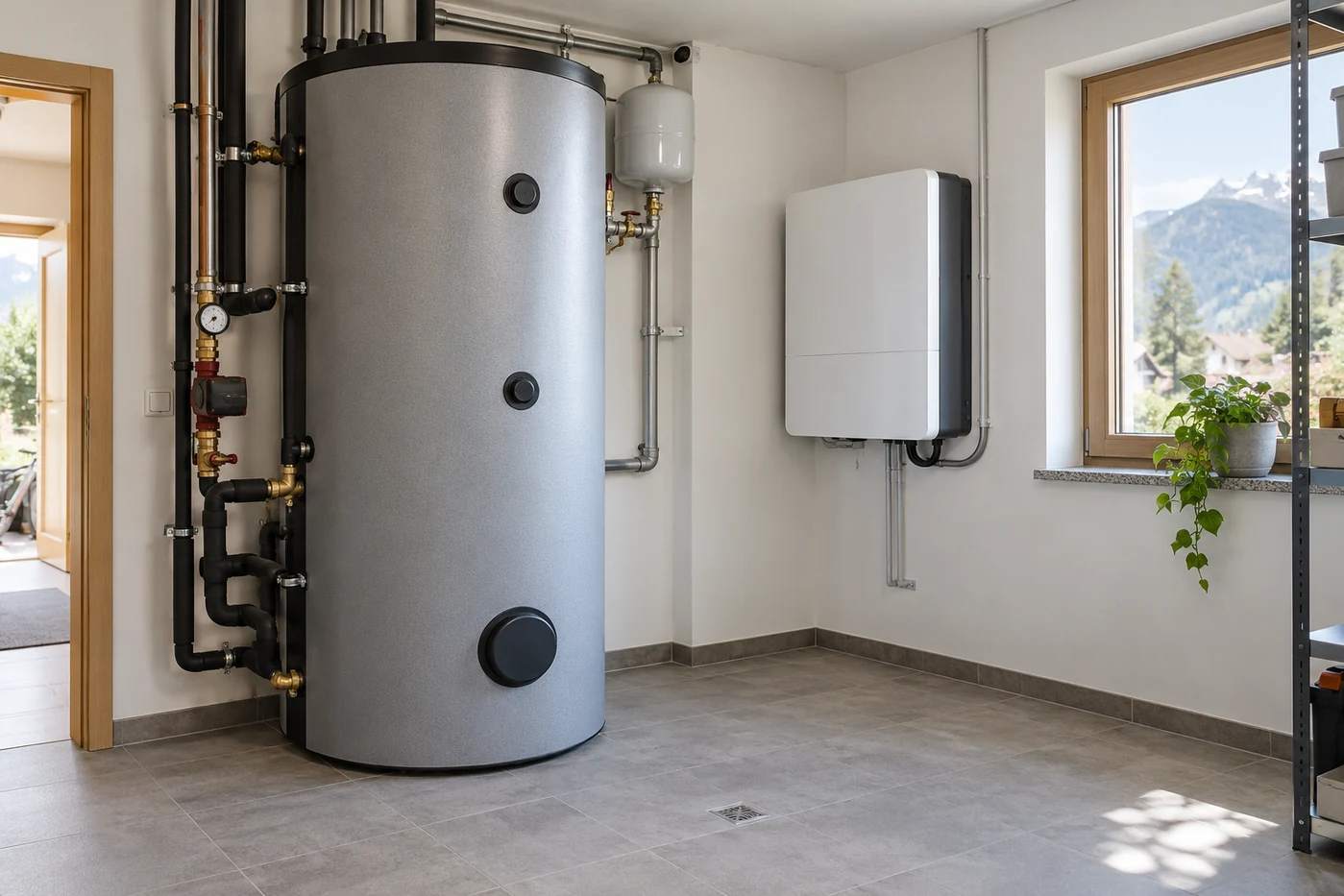 Wärmespeicher und Batteriespeicher in einem hellen Technikraum