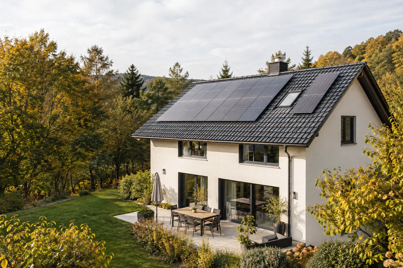 Wohnhaus mit Photovoltaikdach am Rand eines Laubwaldes
