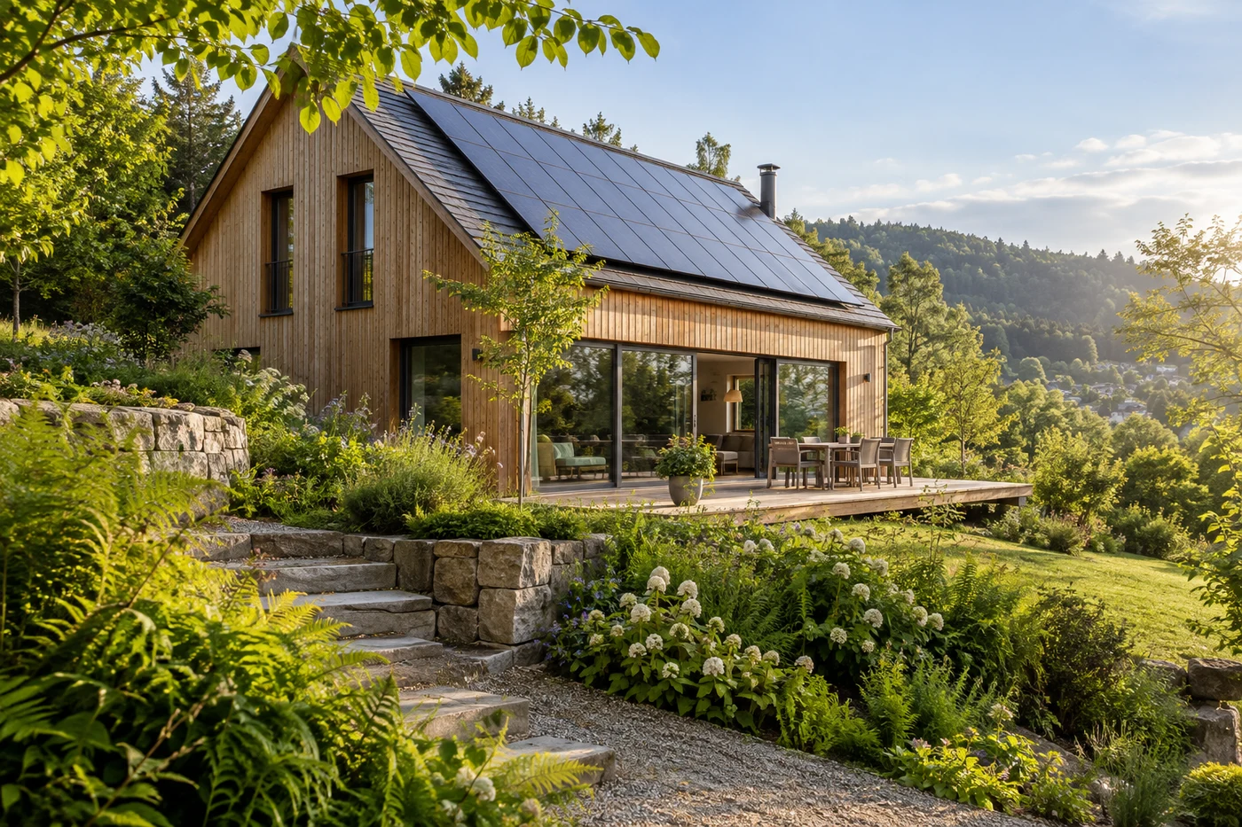 Holzhaus mit Solarmodulen neben einem schattigen Garten