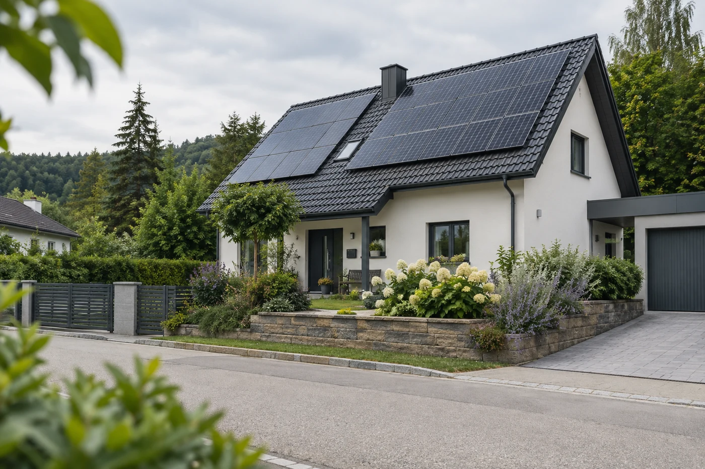 Haus mit Solardach und Vorgarten vor einem Waldrand