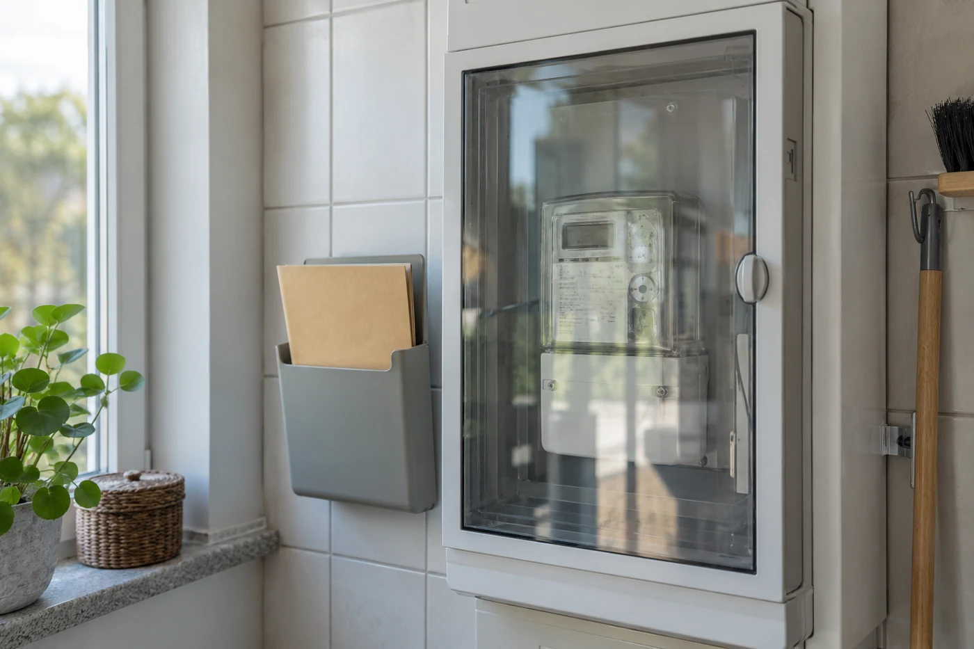 Geschlossener Zählerschrank neben einer neutralen Projektmappe