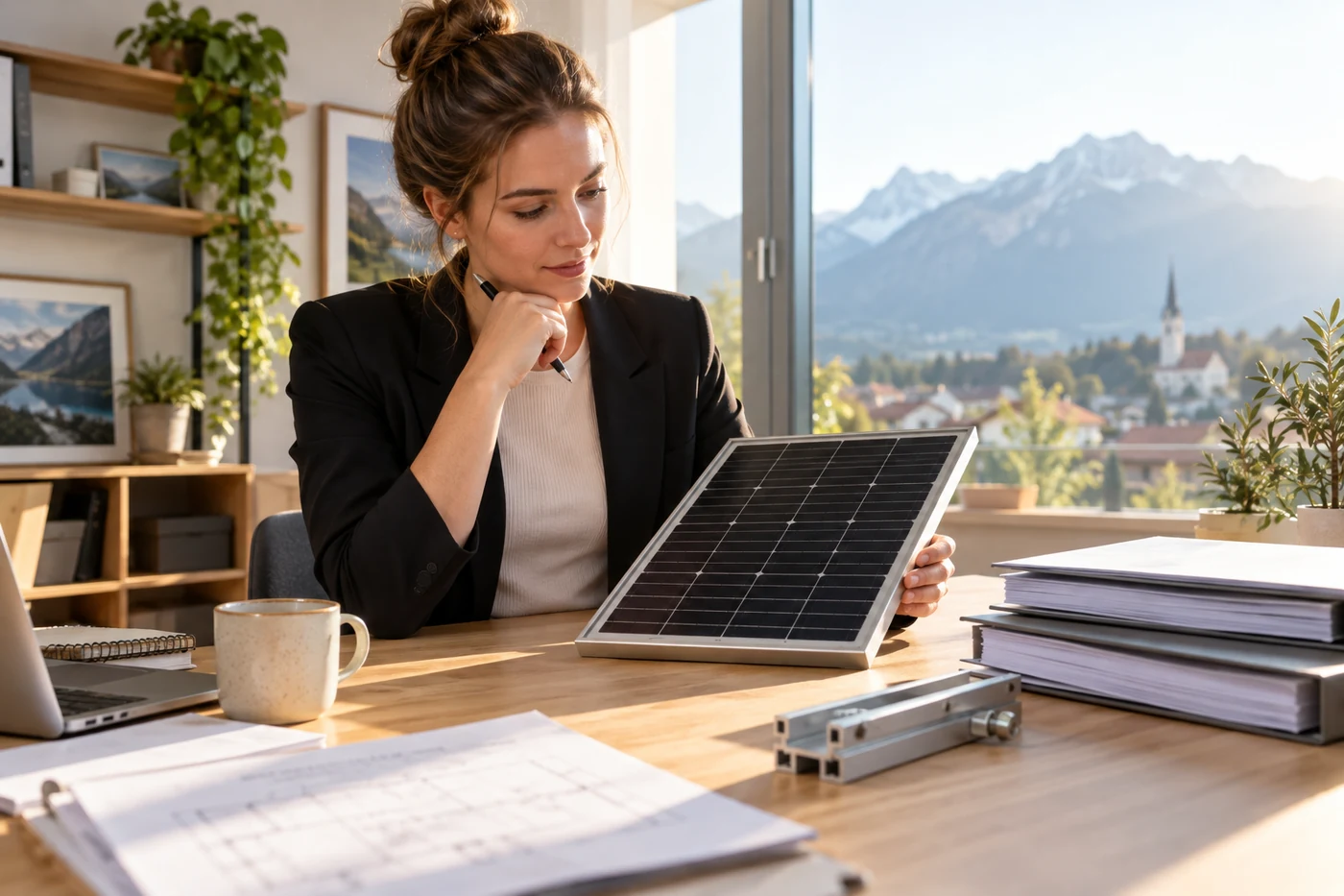 Planerin vergleicht ein Solarmodulmuster mit Angebotsunterlagen