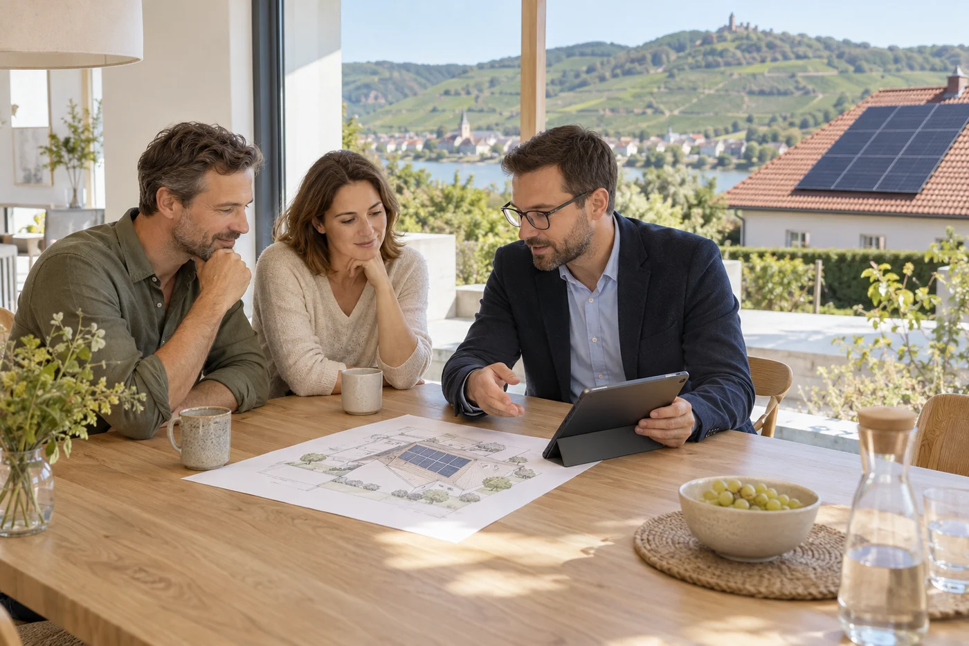 Drei Erwachsene besprechen einen PV-Dachplan an einem Holztisch vor einem Haus mit Solarmodulen und Weinbergen