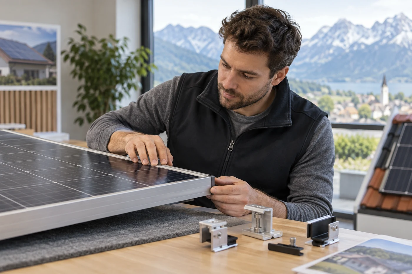 Fachberater prüft Solarmodul und Montagematerial im Ausstellungsraum