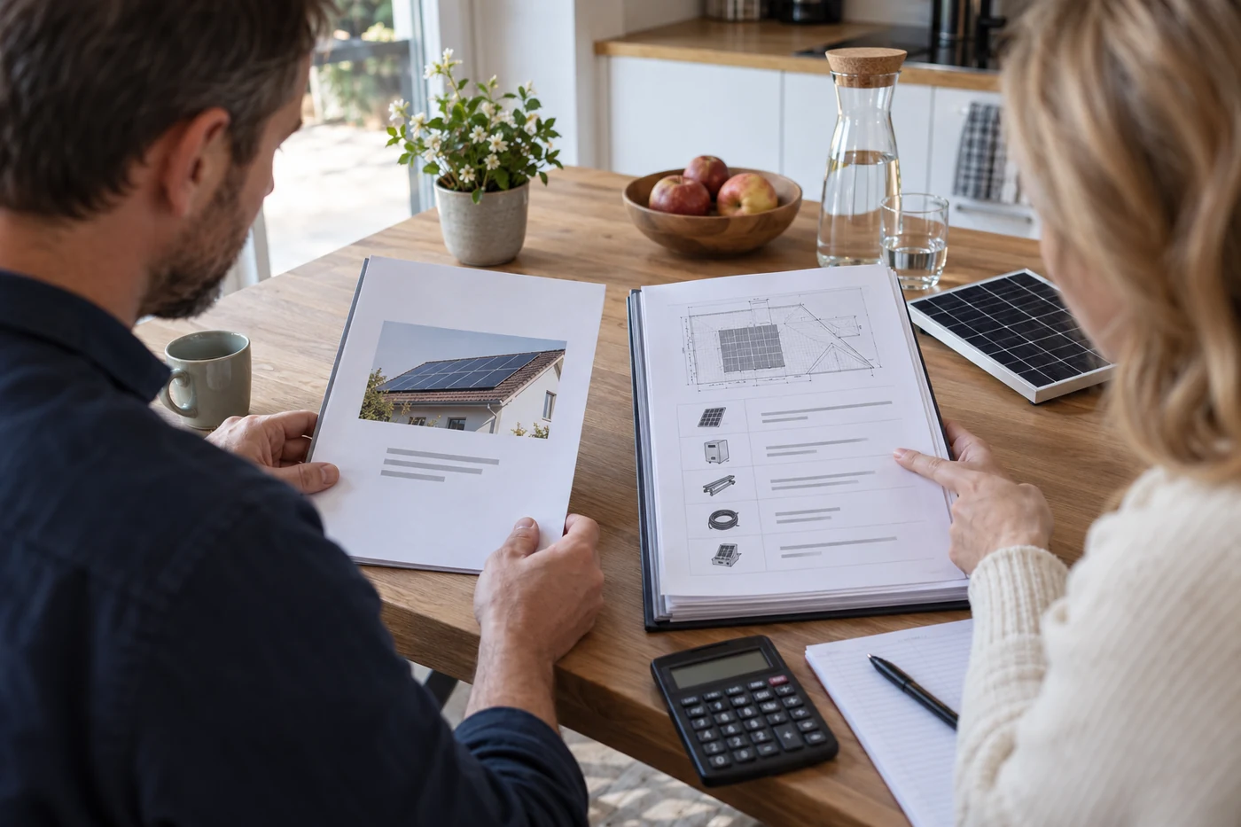 PV-Angebotsunterlagen und Dachplan beim Vergleich
