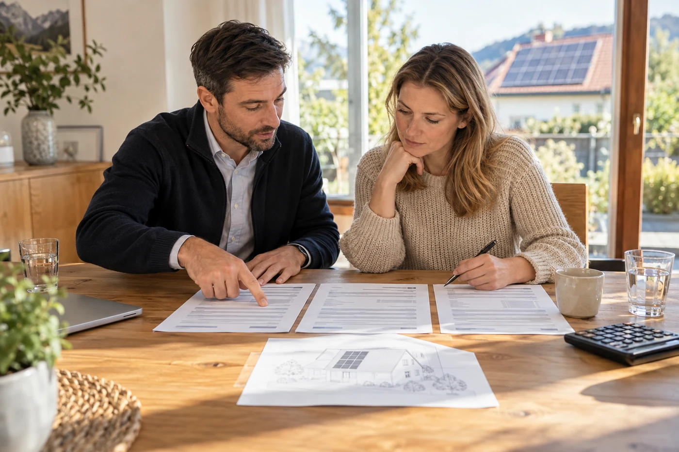 Zwei Personen vergleichen Photovoltaik-Angebote und einen Dachplan am Tisch