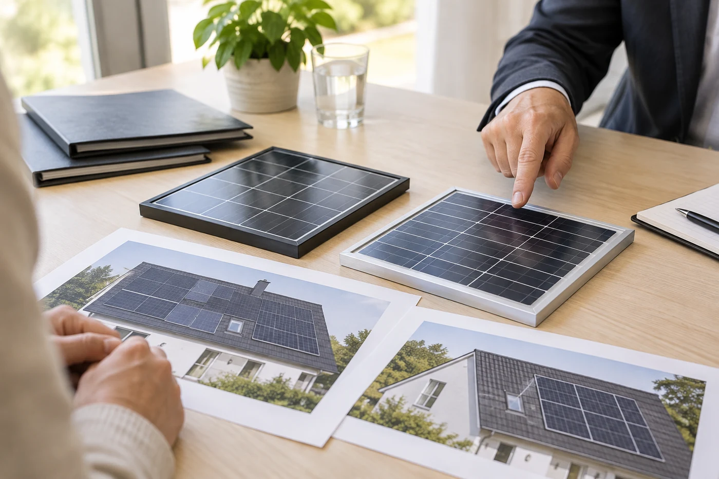 Zwei Solarmodulmuster und Dachbilder auf einem Beratungstisch