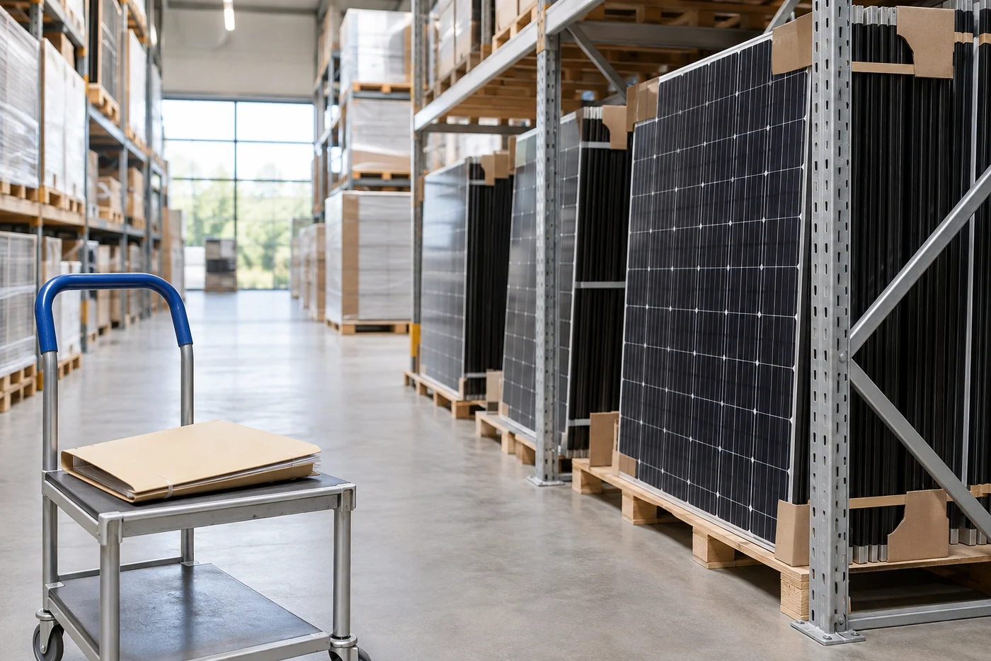 Verpackte Solarmodule auf einem Lagergestell neben einem Transportwagen.