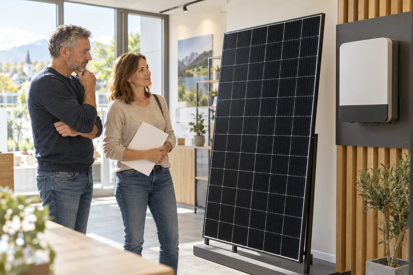 Zwei Erwachsene betrachten ein Solarmodul und einen Wechselrichter in einem Ausstellungsraum