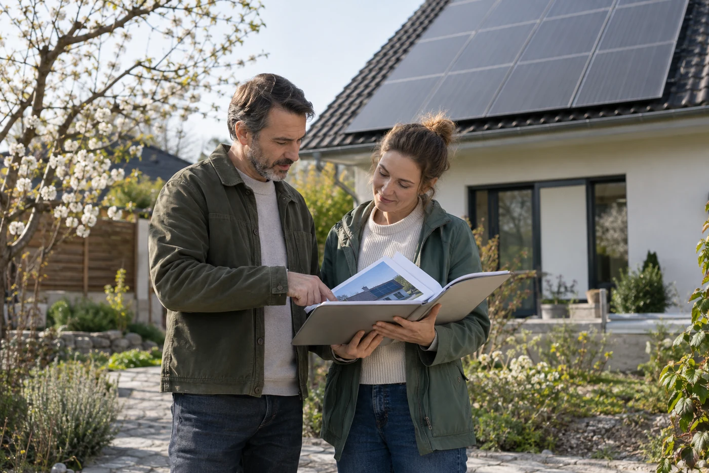 Zwei Personen besprechen Unterlagen vor einem Haus