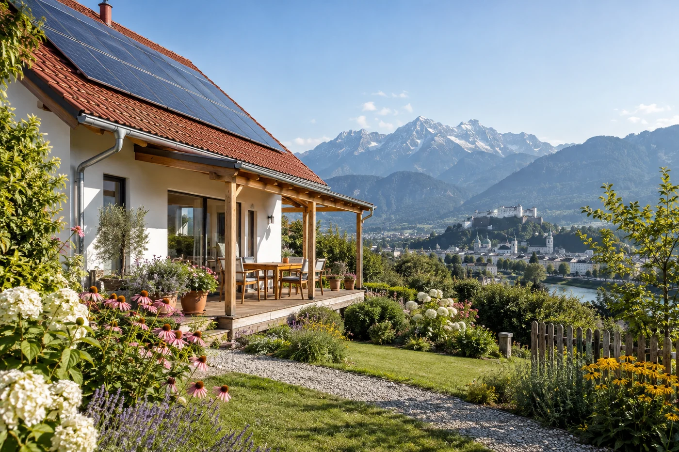Photovoltaik auf einem Haus vor Salzburger Bergen