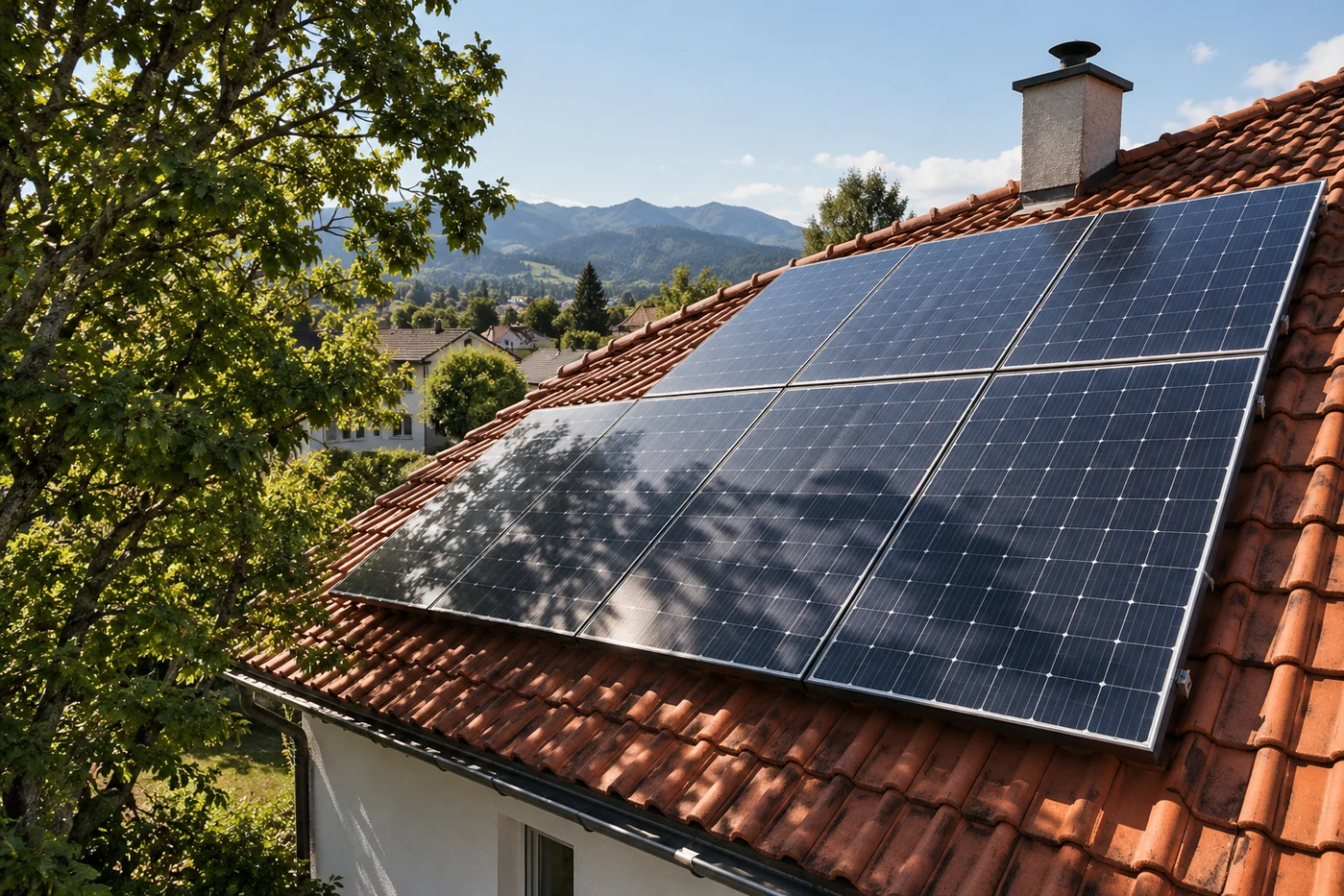 Photovoltaikdach mit teilweise verschatteten Modulen neben einem Baum
