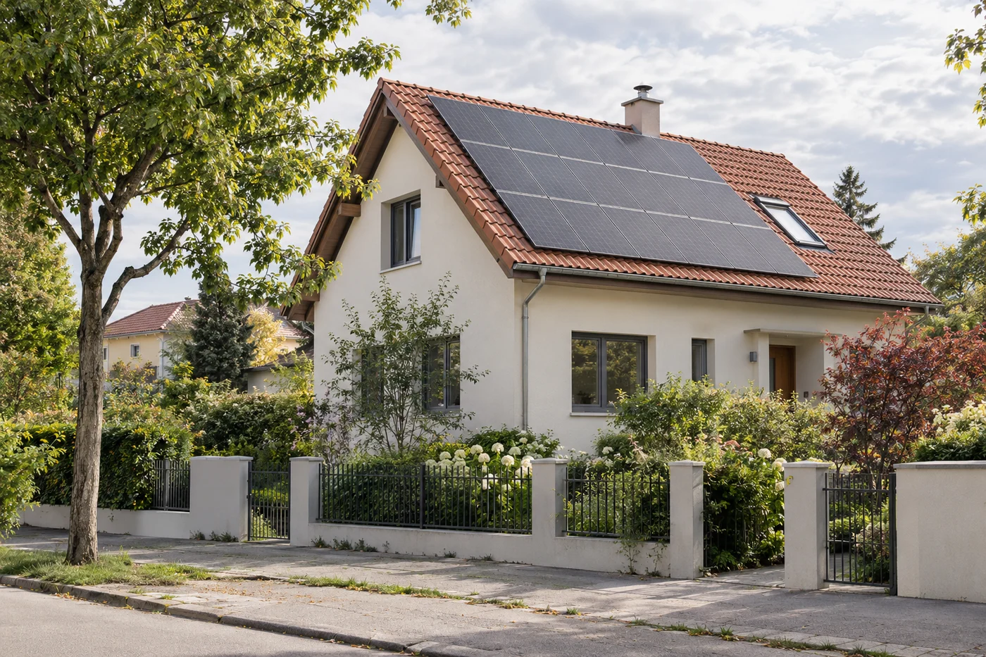 Modernisiertes Wohnhaus mit Solarmodulen in einer ruhigen städtischen Gartenstraße