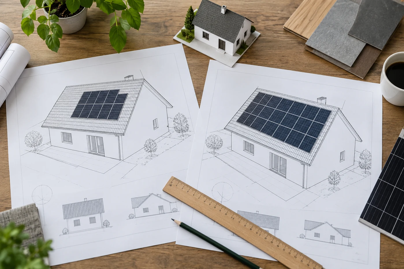 Dachplan mit zwei unterschiedlich großen Photovoltaik-Belegungen