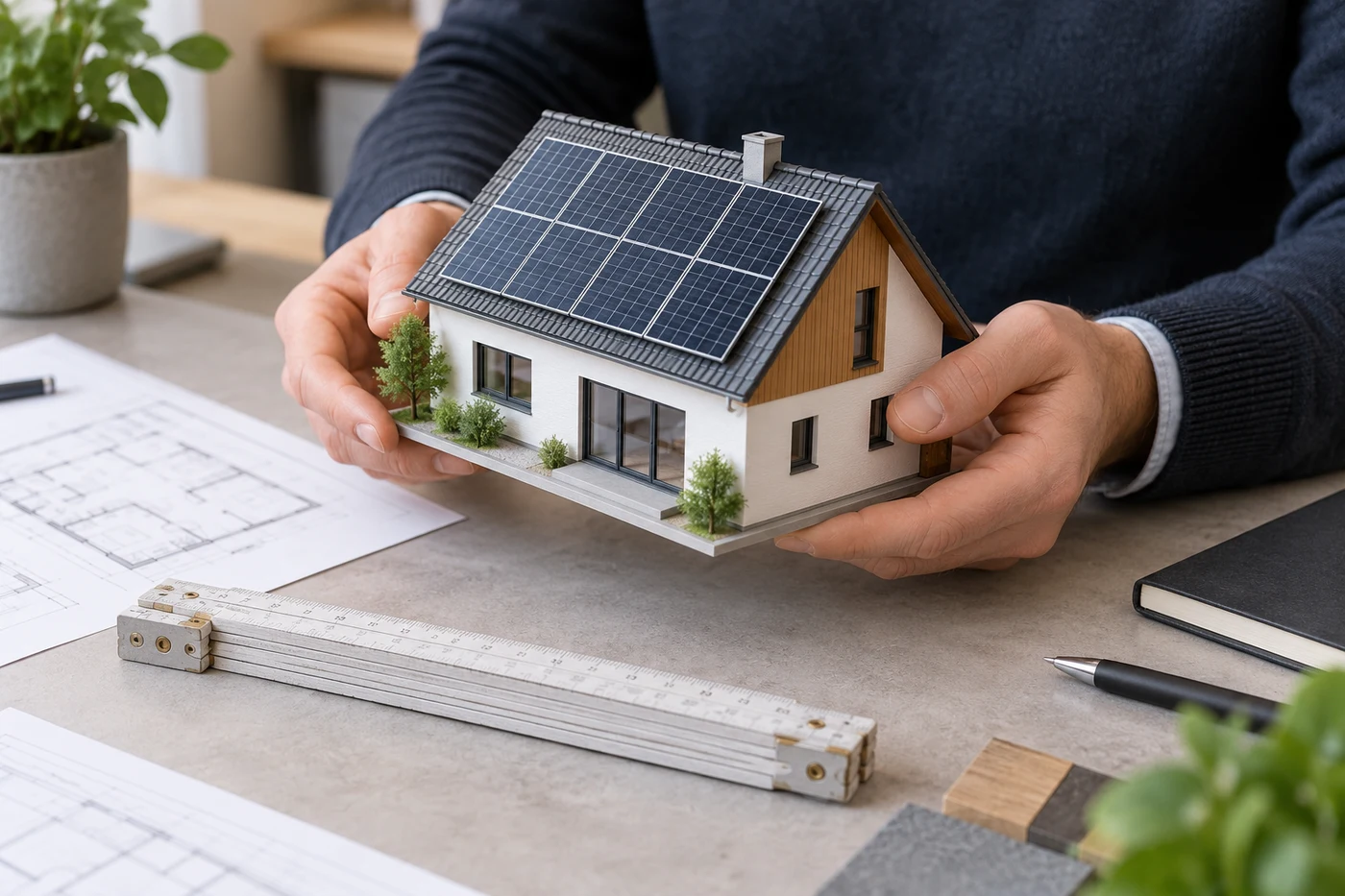 Hände halten ein Dachmodell mit kleinen Solarmodulen über einer Werkbank.