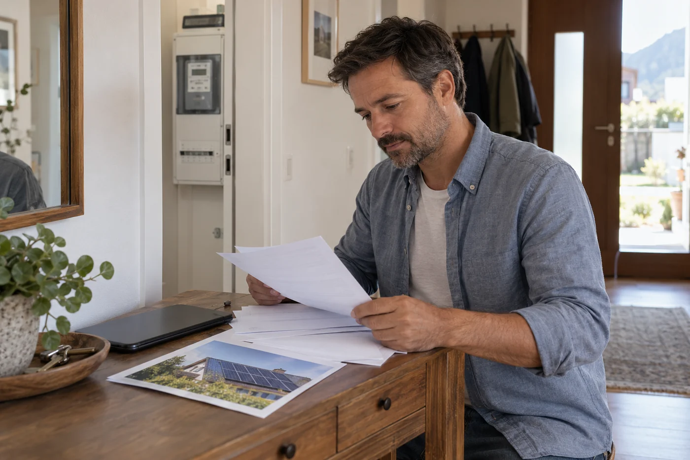 Hausbesitzer ordnet Unterlagen für eine Photovoltaikanlage