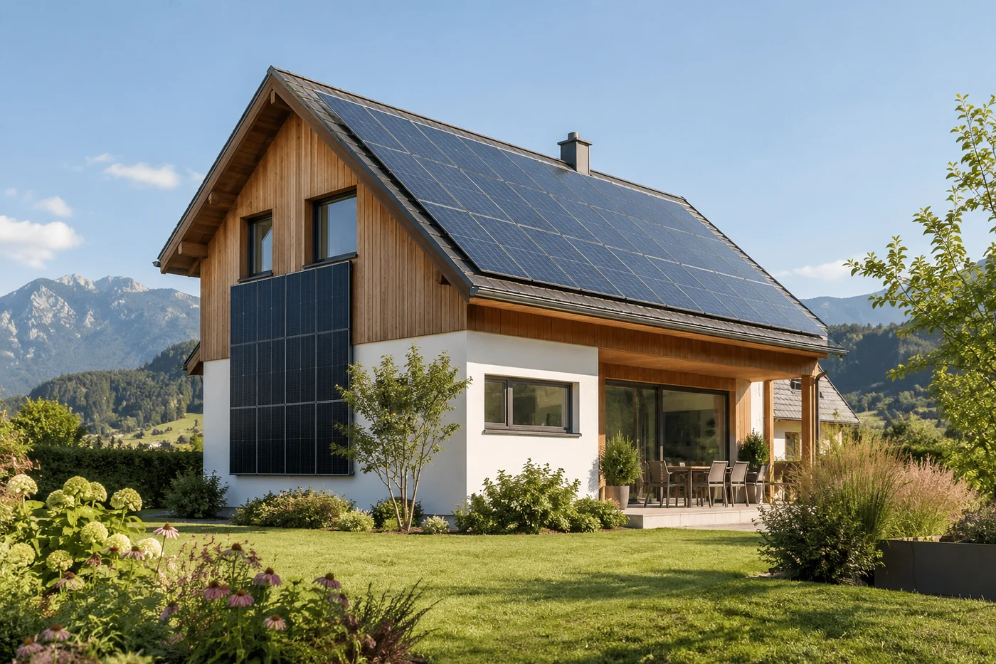 Solarmodule auf Dach und Fassade eines Hauses