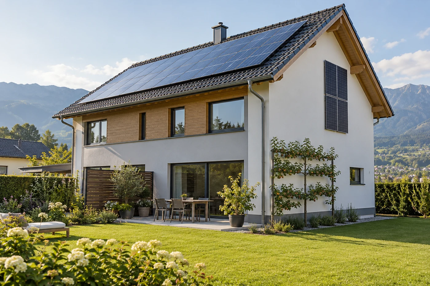 Wohnhaus mit Solarmodulen auf Dach und Seitenwand