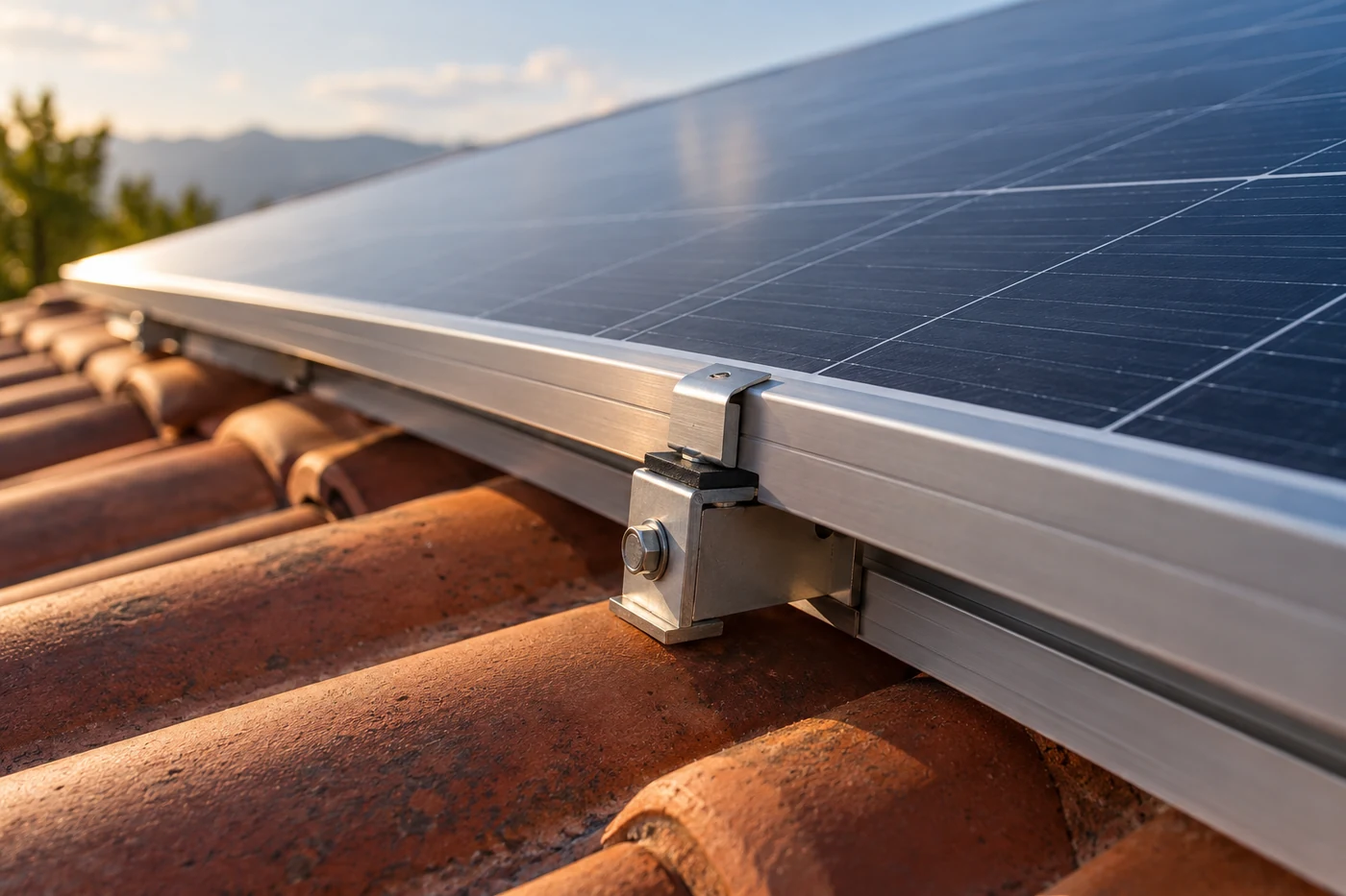 Detail einer Solarmodulbefestigung über Dachziegeln