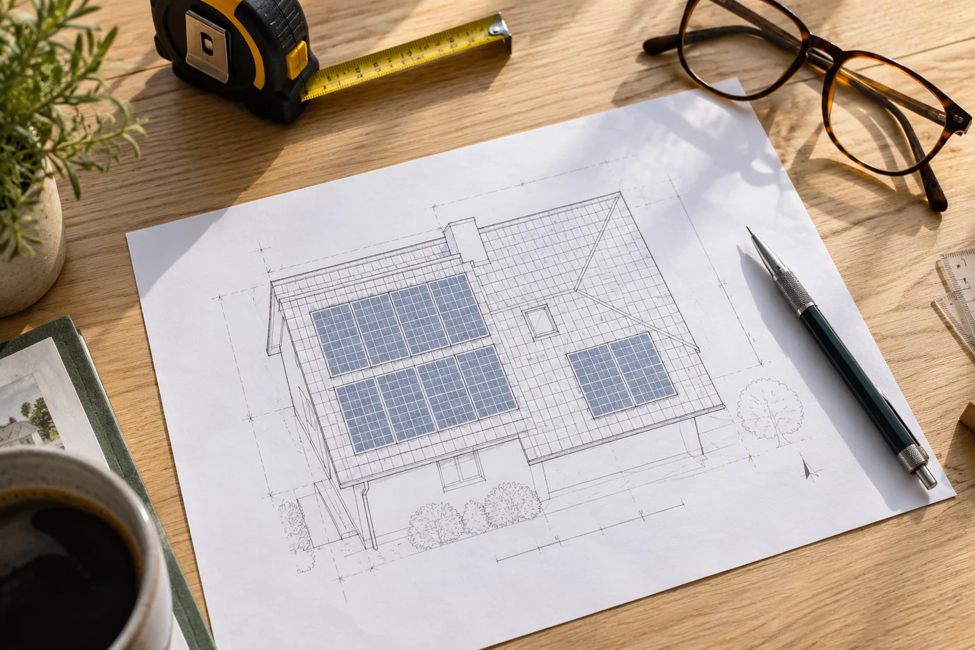Dachplan und Maßband bei der PV-Dimensionierung