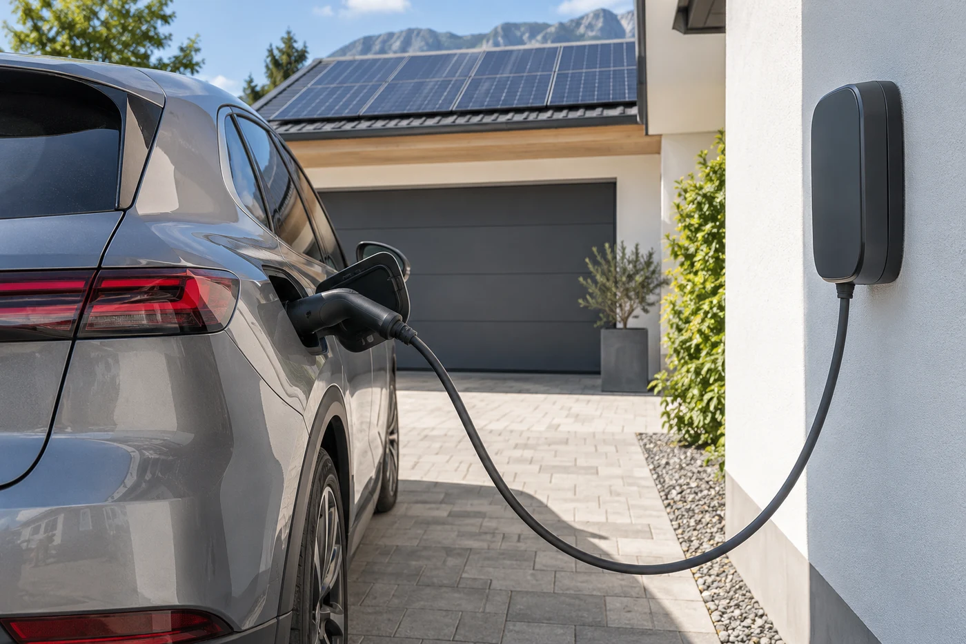 Ein Elektroauto an einer geschlossenen Wallbox vor einem Haus