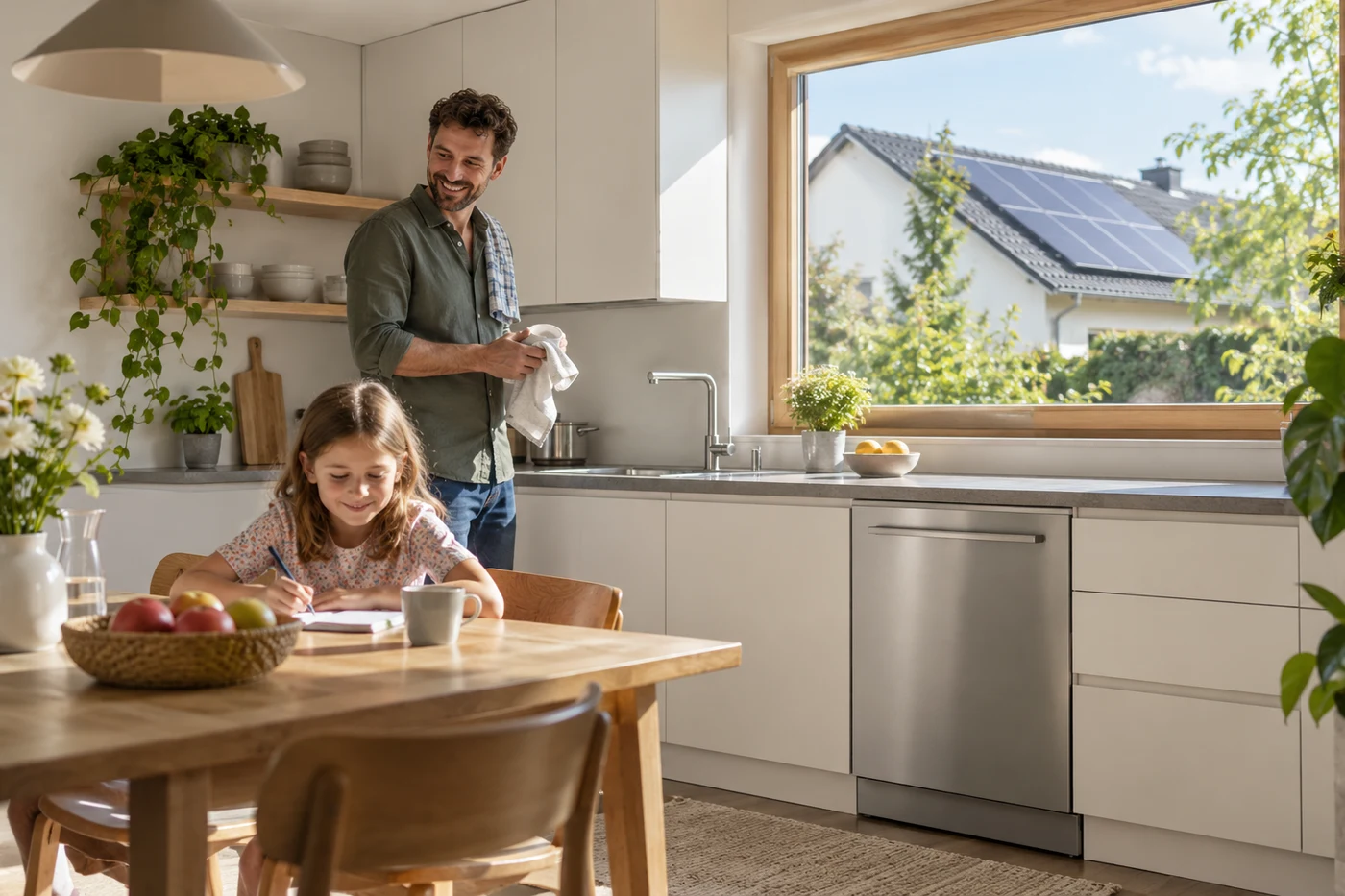 Geschlossener Geschirrspüler in einer sonnigen Küche mit Solardach vor dem Fenster.