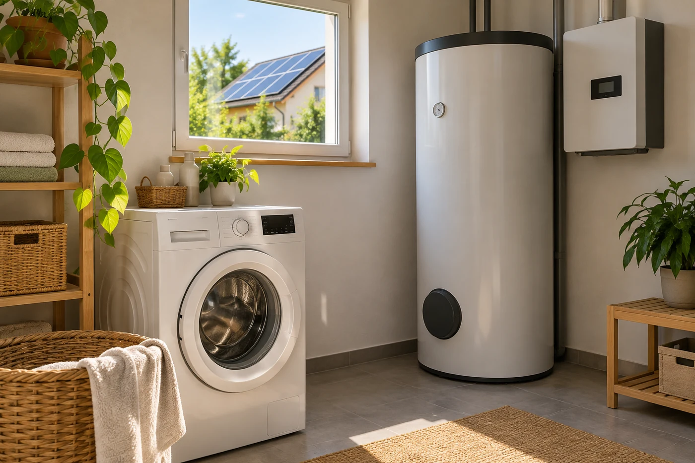 Waschmaschine und Warmwasserspeicher in einem hellen Hauswirtschaftsraum