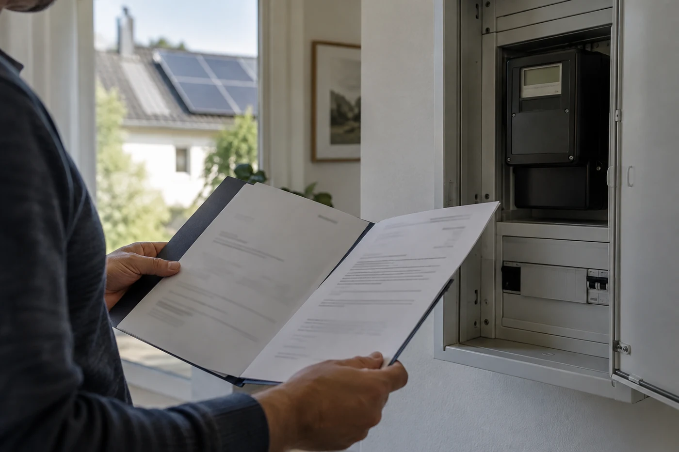 Eine Mappe mit Vertragsunterlagen neben einem geschlossenen Stromzähler