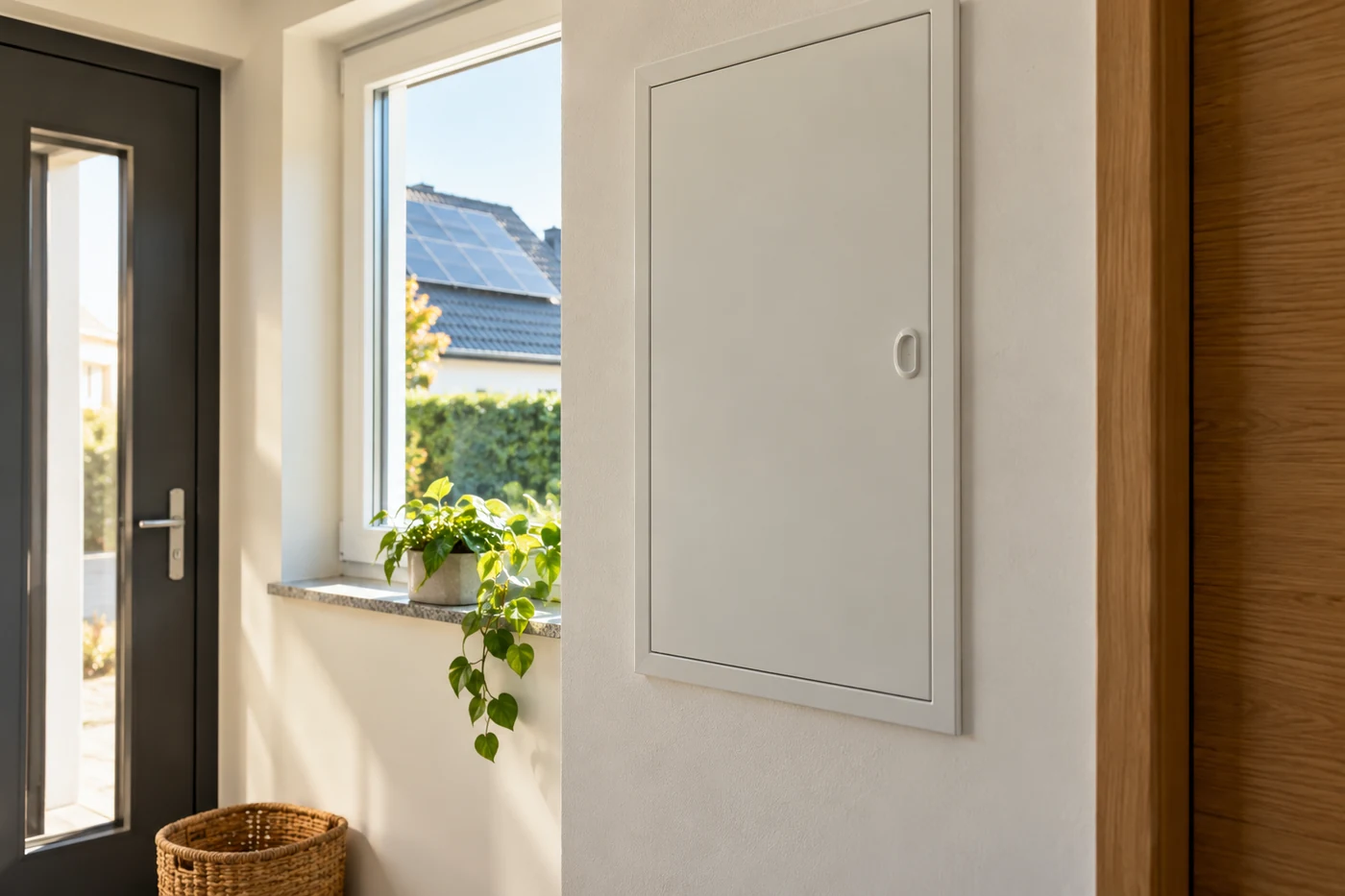 Geschlossener Zählerschrank in einem Hausflur