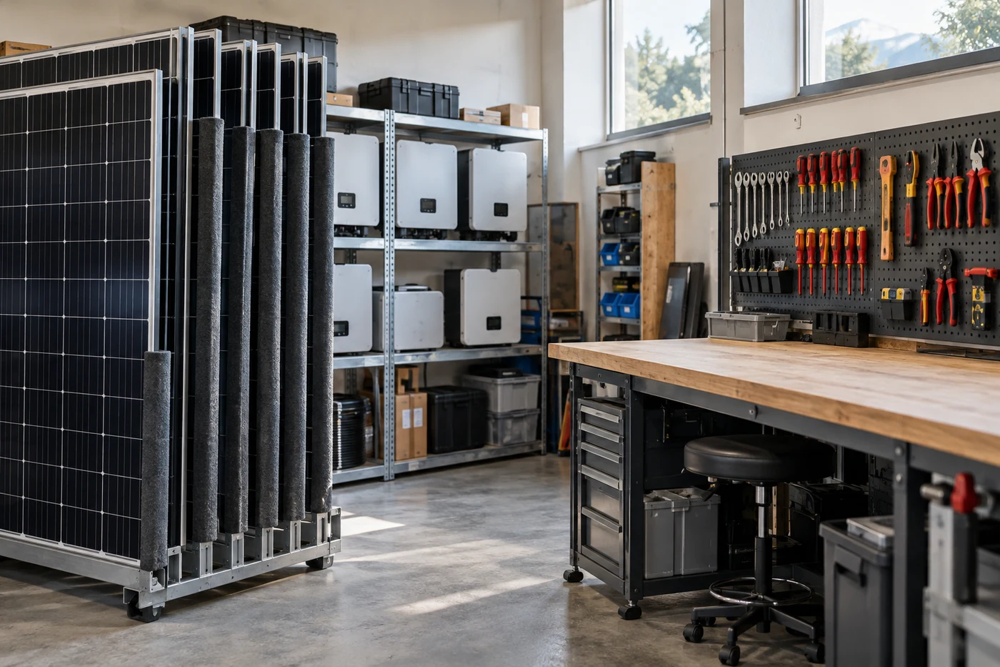 Ordentlich gelagerte Solarmodule und Werkzeug in einer Werkstatt