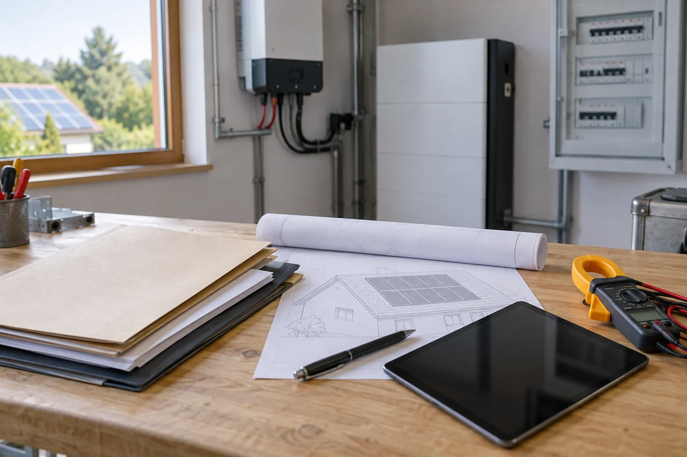 Prüfunterlagen und Tablet zur Fertigmeldung einer PV-Anlage