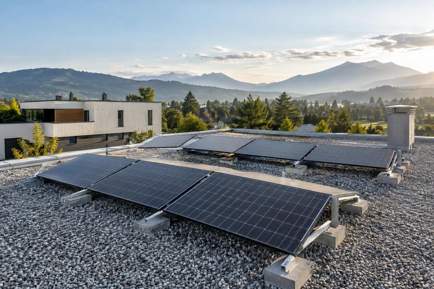 Aufgeständerte Solarmodule auf einem Kiesflachdach