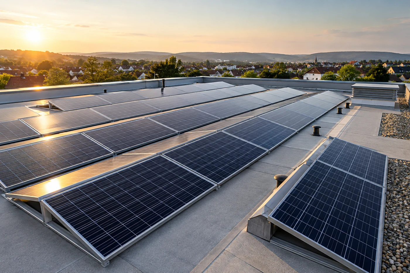Solarmodule und freie Wege auf einem Flachdach