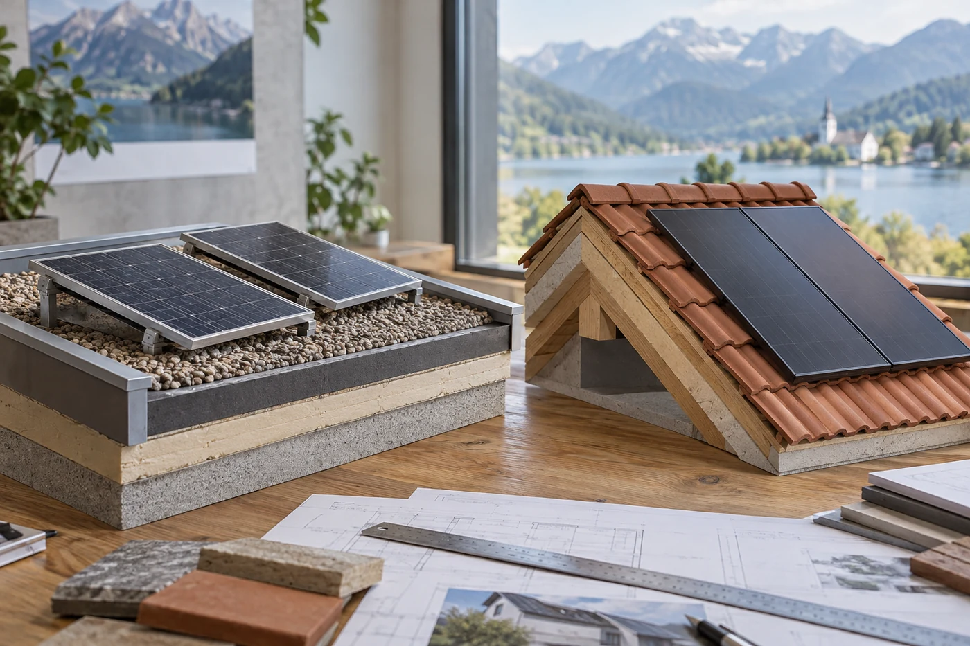 Modelle eines Flach- und eines Ziegeldachs mit Solarmodulen