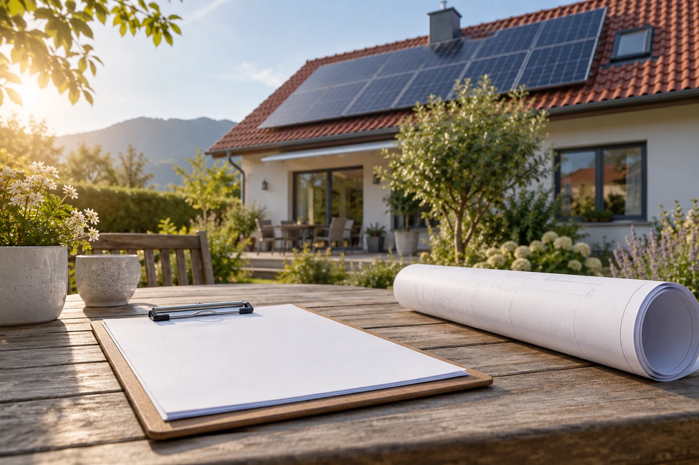 Klemmbrett und gerollter Plan vor einem Haus mit Solardach.
