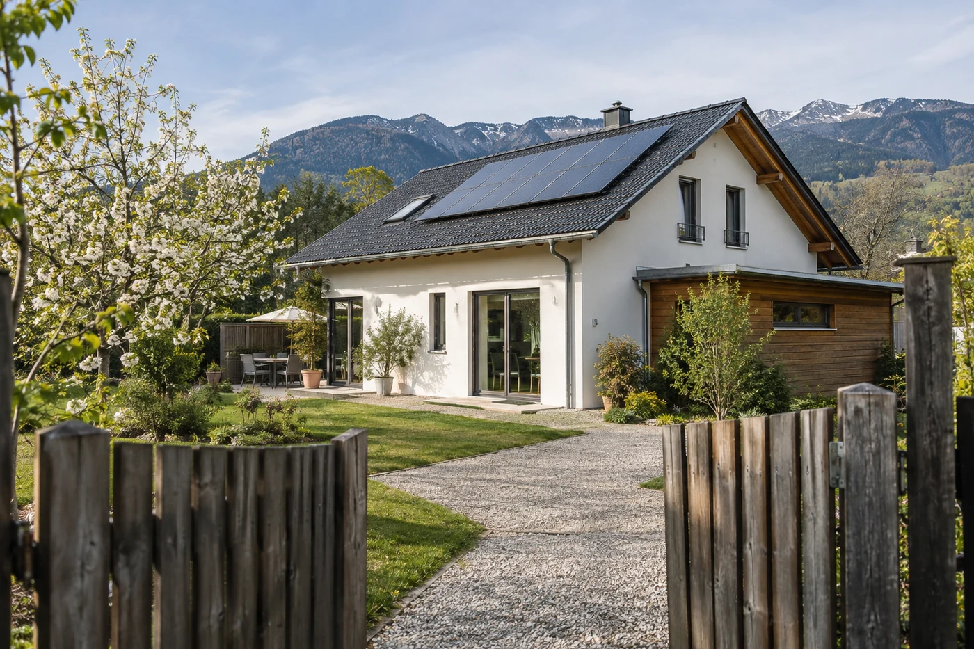 Haus mit Solardach hinter einem Gartentor