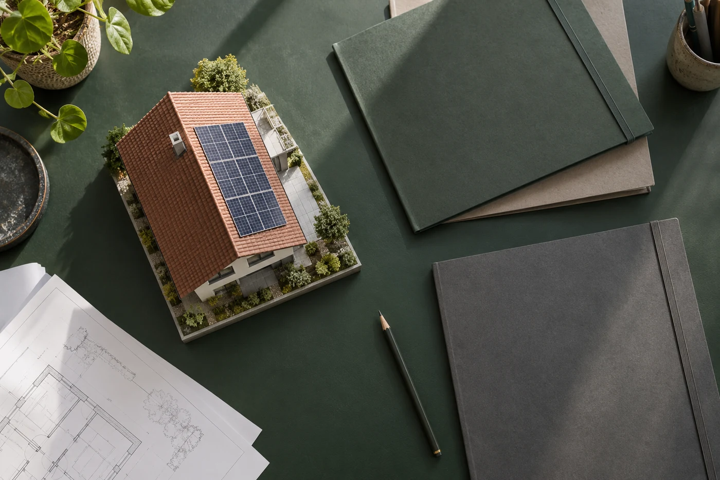 Dachmodell mit Solarmodulen und mehreren geschlossenen Mappen auf einer Arbeitsfläche.