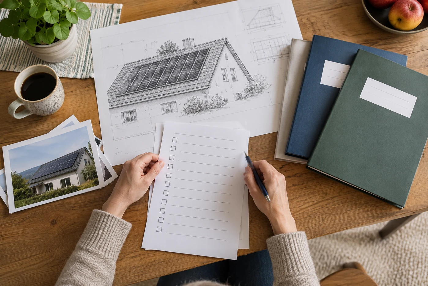Antragsunterlagen und Dachplan für ein Photovoltaikprojekt