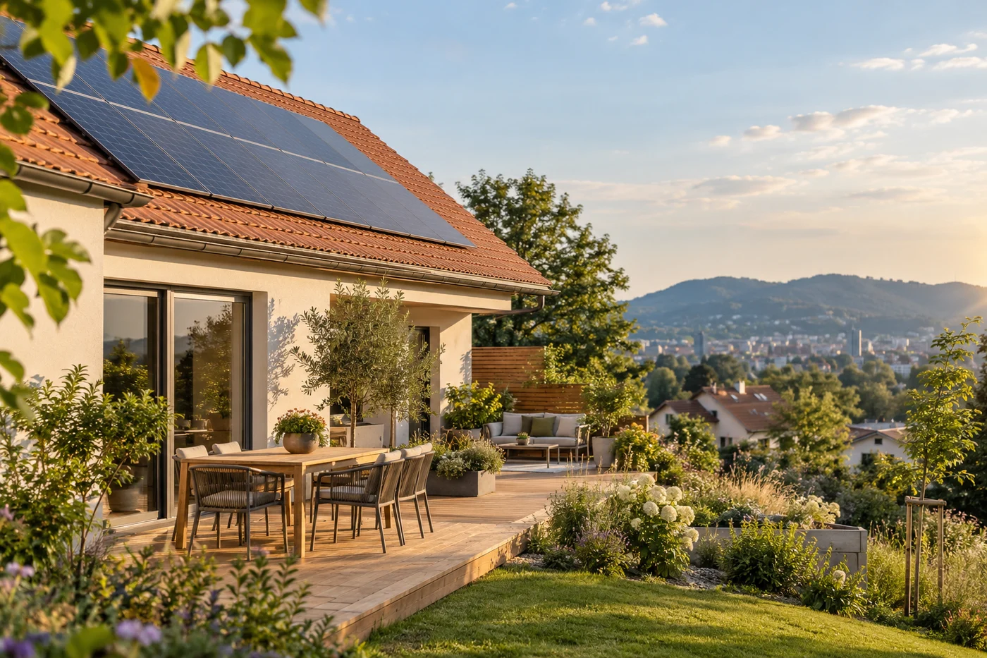 Wohnhaus mit einer PV-Dachanlage, Garten und sanften bewaldeten Hügeln im Hintergrund