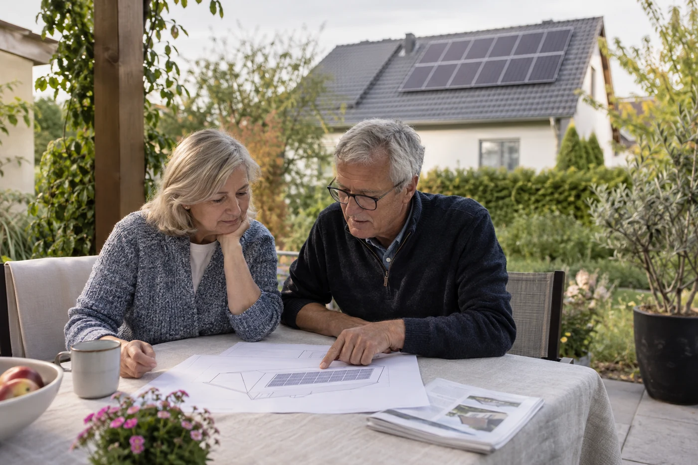 Zwei Personen besprechen einen Hausplan im Garten