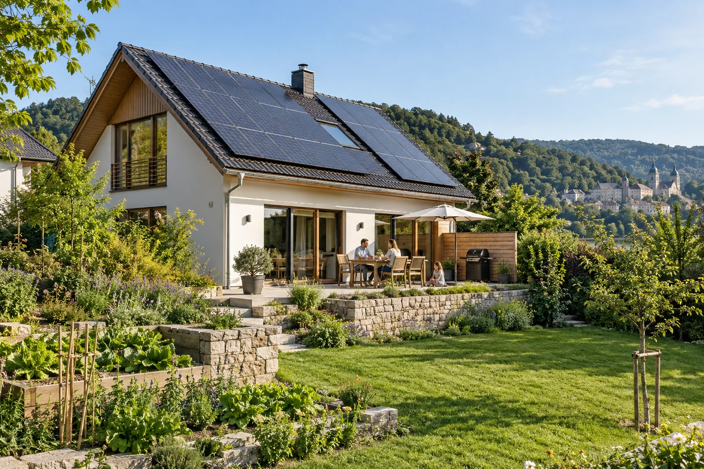 Solardach eines Hauses in einer grünen Hügellandschaft