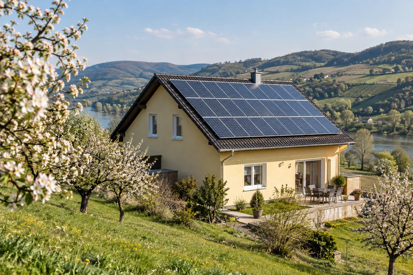 Solarmodule auf einem Wohnhaus in einer Wachauer Landschaft