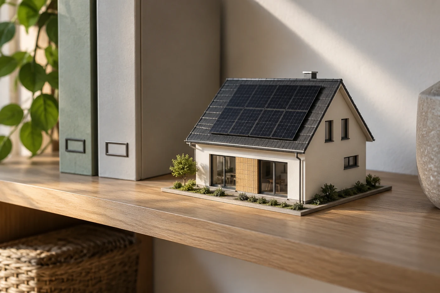 Hausmodell mit Solarmodulen neben zwei schlichten Mappen auf einem Holzregal.