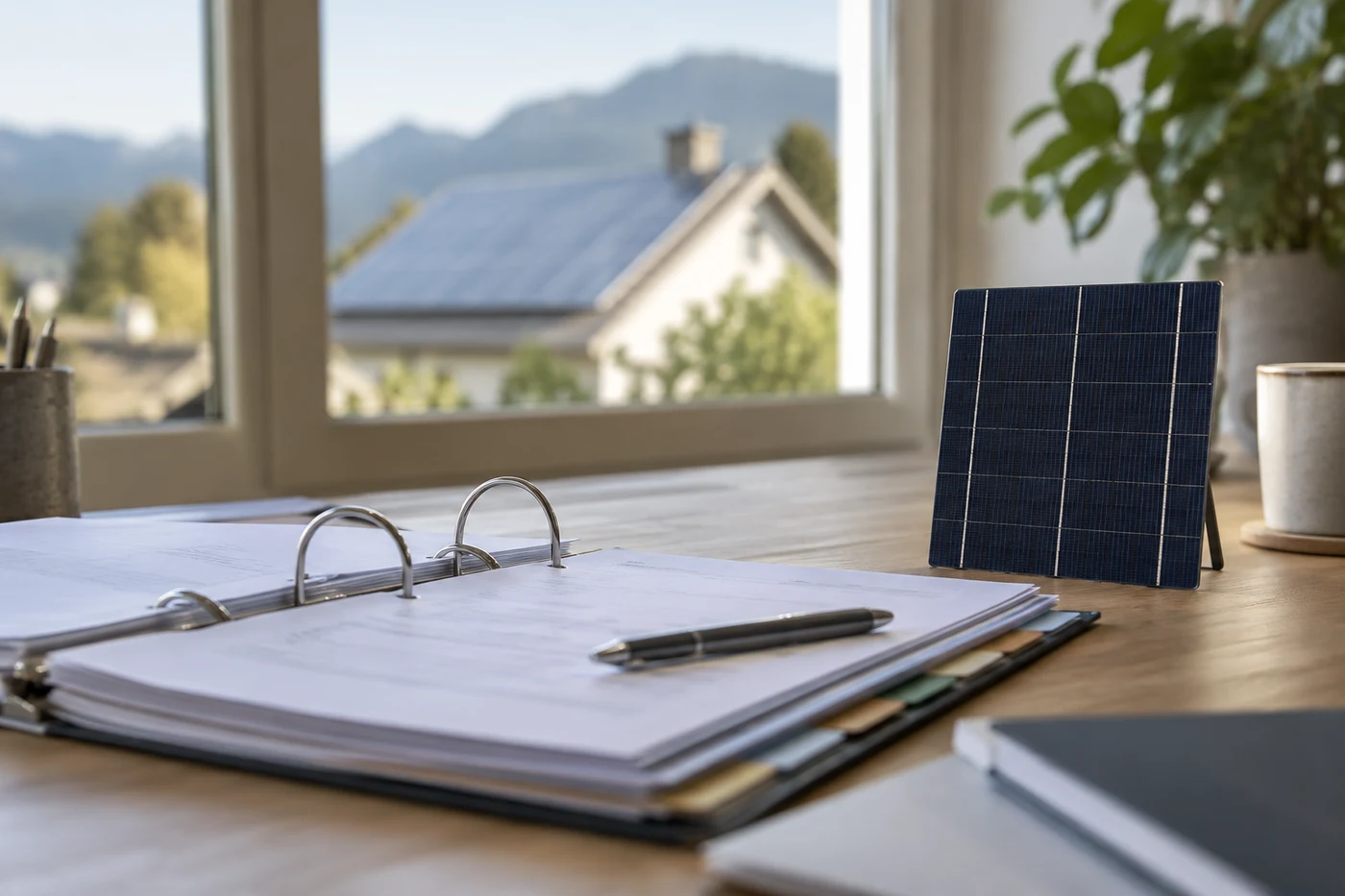 Eine offene Projektmappe neben einem Solarmodul-Muster